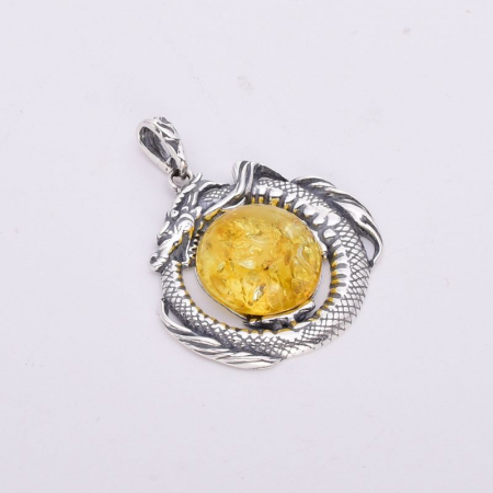 Pandantiv argint cu chihlimbar galben Dragon Ouroboros [3]
