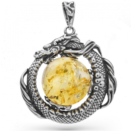 Pandantiv argint cu chihlimbar galben Dragon Ouroboros [0]