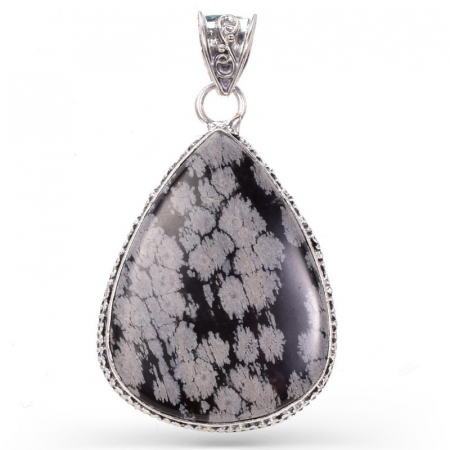Bijuterii obsidian - Pandantiv argint filigran cu obsidian fulg de nea forma para