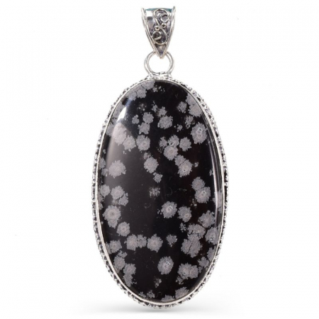 Bijuterii obsidian - Pandantiv argint filigran cu obsidian fulg de nea oval