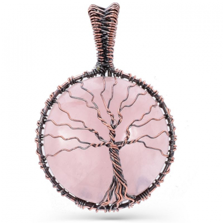 Pandantiv cupru rotund cuart roz Copacul Vietii [0]