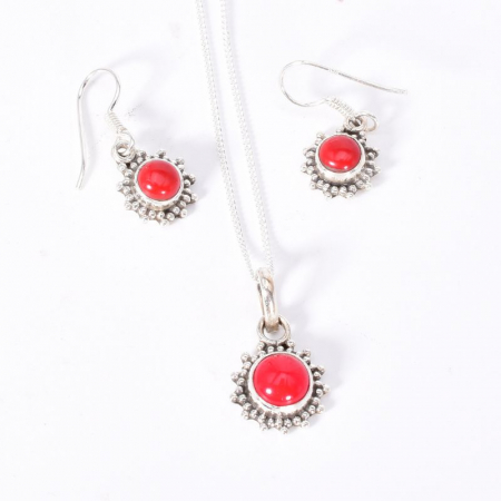 Set argint coral rosu - cercei, pandantiv, lantisor [2]