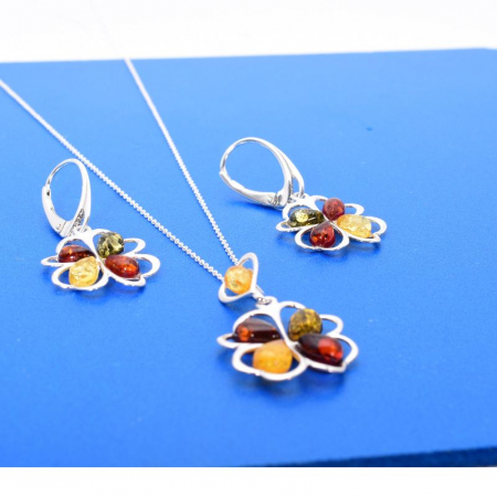 Set argint cu chihlimbar multicolor Trifoi cu Inimi [3]