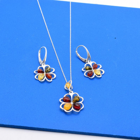 Set argint cu chihlimbar multicolor Trifoi cu Inimi [4]