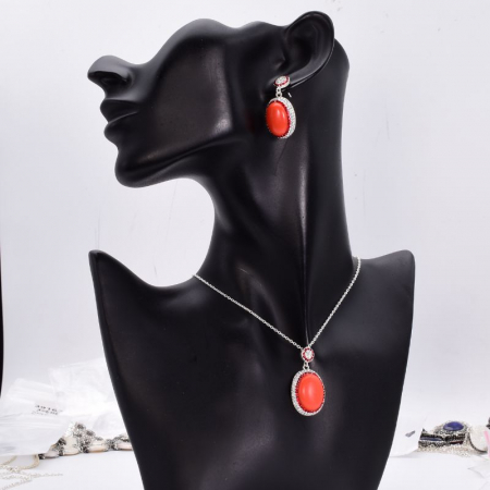 Set argint cu coral portocaliu si CZ - cercei, pandantiv, lant [1]