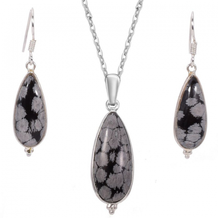 Set argint cu obsidian fulg de nea - cercei, pandantiv, lant [0]