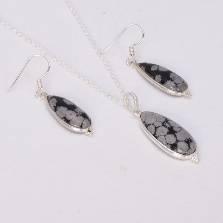 Set argint cu obsidian fulg de nea - cercei, pandantiv, lant [2]