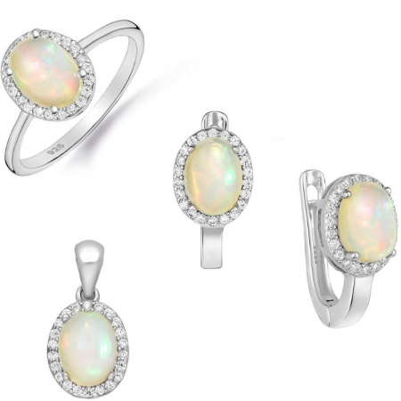 Bijuterii opal - Set argint cu opal etiopian si cubic zirconia - cercei, pandantiv, inel