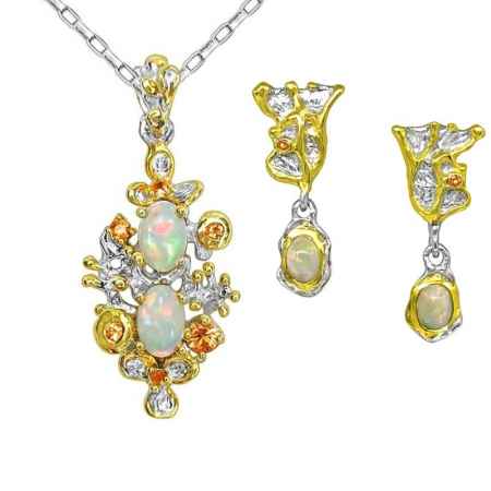 Bijuterii opal - Set argint cu opal etiopian si safir portocaliu - cercei, colier