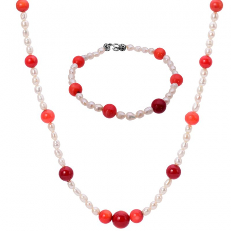 Bijuterii perle - Set argint cu perle si coral - colier, bratara