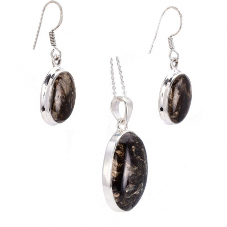 Set argint cu serafinit negru auriu - cercei, pandantiv, lantisor [3]