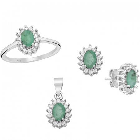 Seturi bijuterii argint - Set argint cu smarald natural si CZ - cercei, pandantiv, inel