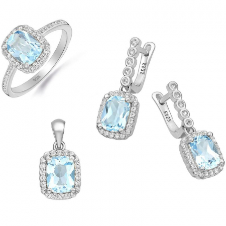 Bijuterii topaz - Set argint cu topaz albastru si CZ - cercei, pandantiv, inel
