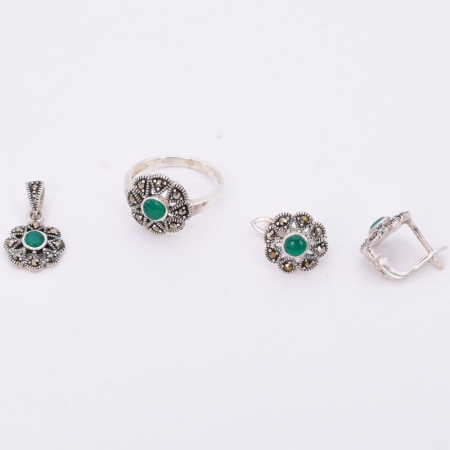Set argint model floral - agat verde si marcasite [1]