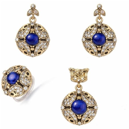 Bijuterii pietre semipretioase - Set argint otoman cu lapis lazuli, rotund Regina Anatoliei