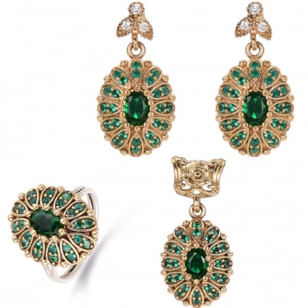 Set argint otoman forma ovala cu cubic zirconia verzi