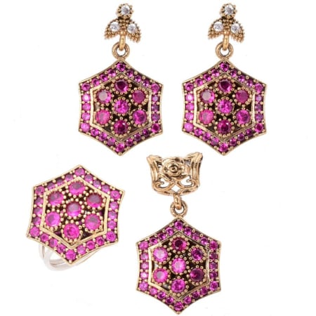 Bijuterii pietre semipretioase - Set argint otoman hexagon cu CZ rosii Regina Anatoliei