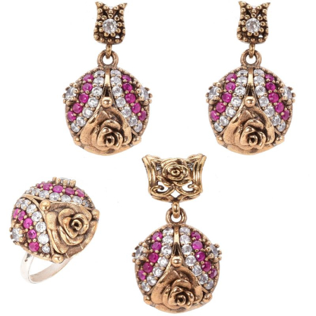 Set argint otoman Trandafir cu CZ rosii, albe