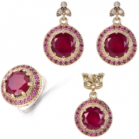 Set argint rotund cu cubic zirconia rosii - stil otoman