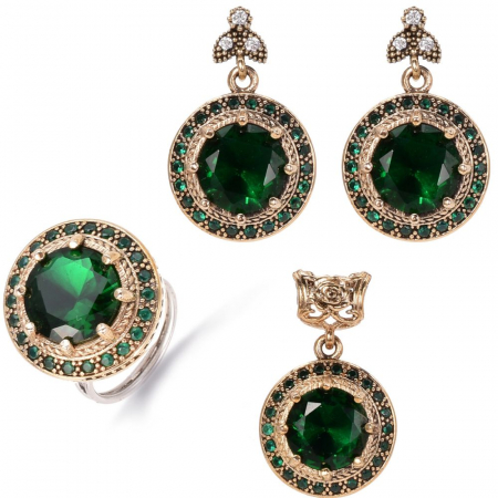 Set argint rotund cu cubic zirconia verde - stil otoman