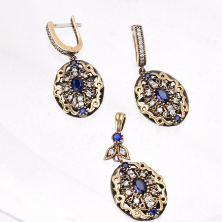 Set argint stil otoman cu cubic zirconia albastre - pandantiv si cercei [1]