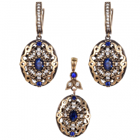 Bijuterii cubic zirconia - Set argint stil otoman cu cubic zirconia albastre - pandantiv si cercei
