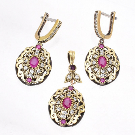 Set argint stil otoman cu cubic zirconia rosii - pandantiv si cercei [2]