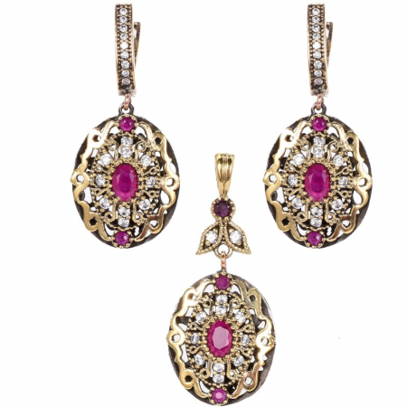 Set argint stil otoman cu cubic zirconia rosii - pandantiv si cercei [0]