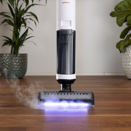 Aspirator vertical, fără fir, cu abur și aspirare umed-uscată, 450 W, baterie 21,6 V, aspirare 14 kPa, 0.6 l, 71 Db, 4,2 Kg, gri/alb, Polti RollySteam WD30C [1]