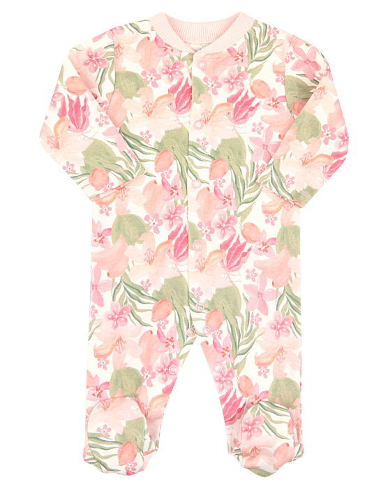 Pijama intreaga cu talpa, bumbac organic 100%, fete, Roz/Flori, Paradise [1]