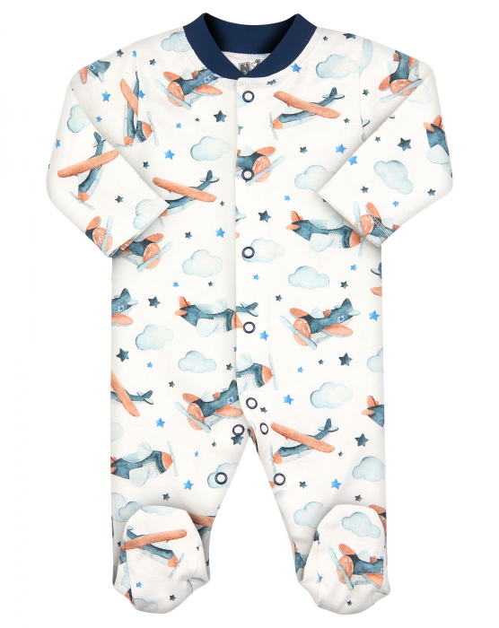Pijama intreaga cu talpa, bumbac organic 100%, baieti, Alb/Avioane [1]