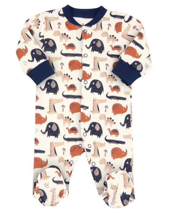 Pijama intreaga cu talpa, bumbac organic 100%, baieti, Alb/Colorat, Mini Zoo [1]