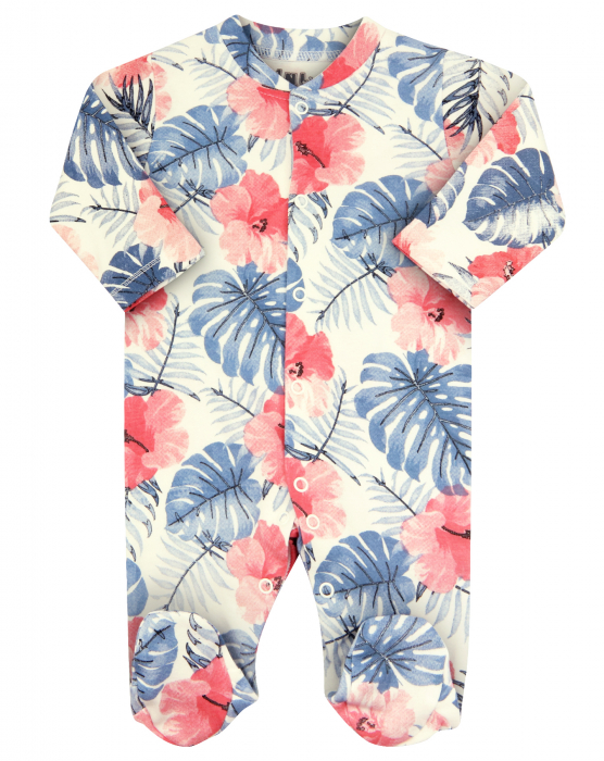Pijama intreaga cu talpa, bumbac organic 100%, fete, Roz/Albastru Flori [1]