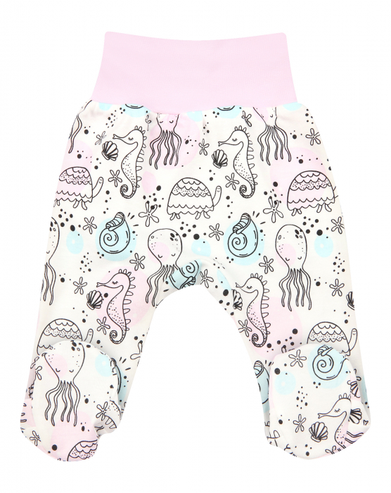 Pantalon tip pijama cu talpa, bumbac organic 100%, alb/roz, fete, SEA [1]
