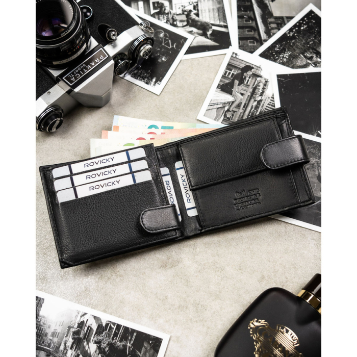 Portofel bărbătesc mare, negru, din piele naturală, cu sistem RFID și închidere cu capsă - Rovicky PTR-0670L-RVD-0222 BLACK [6]