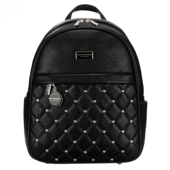 Rucsac elegant de damă, negru, mic, decorat cu matlasare și nituri argintii, piele ecologică Peterson PTR-PTN SPY-1-PIL BLACK [1]