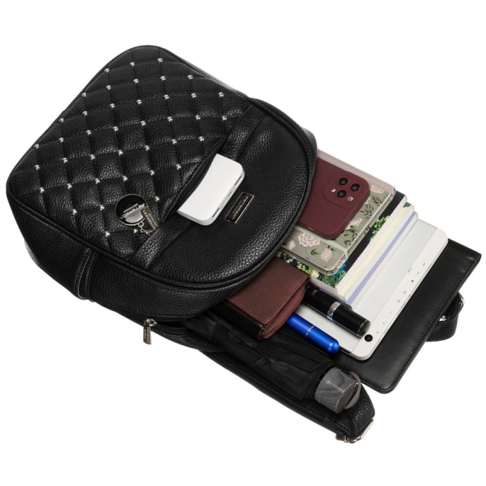 Rucsac elegant de damă, negru, mic, decorat cu matlasare și nituri argintii, piele ecologică Peterson PTR-PTN SPY-1-PIL BLACK [9]