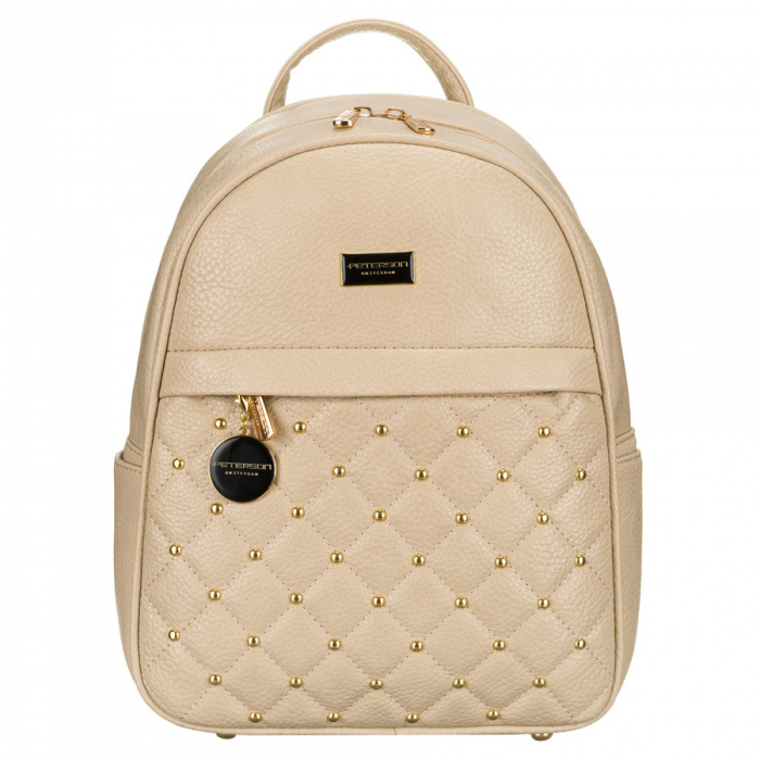 Rucsac urban de damă, de dimensiuni mici, de culoare bej, decorat cu matlasare, nituri aurii și un breloc la modă, confecționat din piele ecologică Peterson PTR-PTN SPY-1-F19 D.BEIG [2]