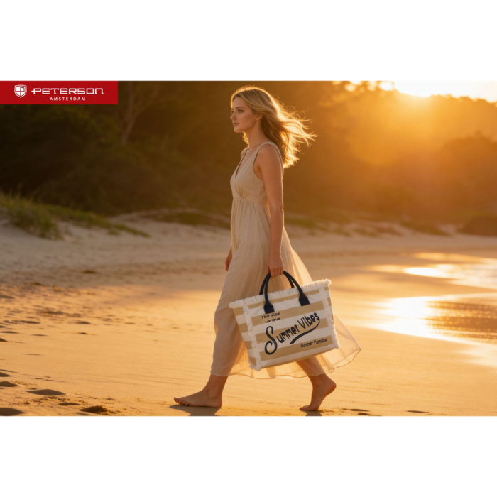Geantă mare de plajă cu fermoar, albă și bej, geantă shopper - Peterson PTR-PTN MX05-M-WHITE-BEI [19]