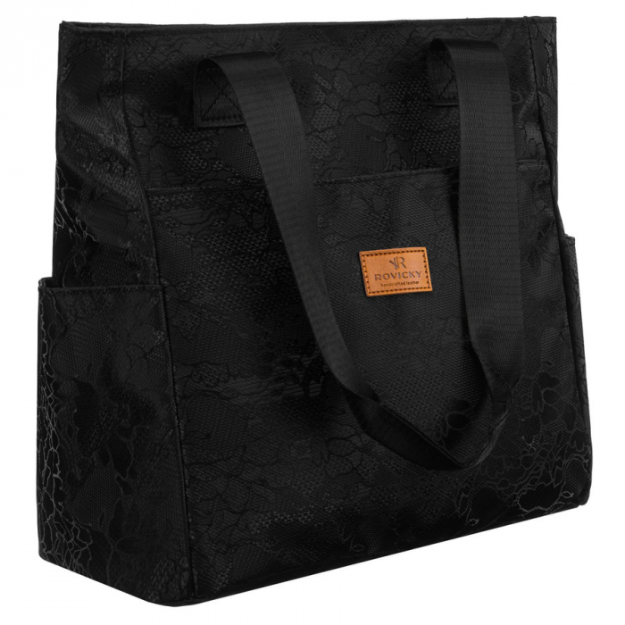 Geantă de damă neagră din poliester cu mânere confortabile și buzunar exterior cu fermoar - Rovicky PTR-R-TZ-01-2370 BLACK W [1]