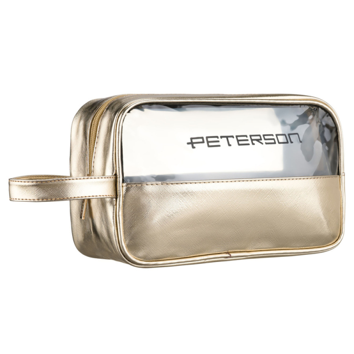 Geantă cosmetică aurie din material sintetic, cu mâner confortabil și panou transparent - Peterson PTR-PTN KOS-DA-21 L.GOLD [1]