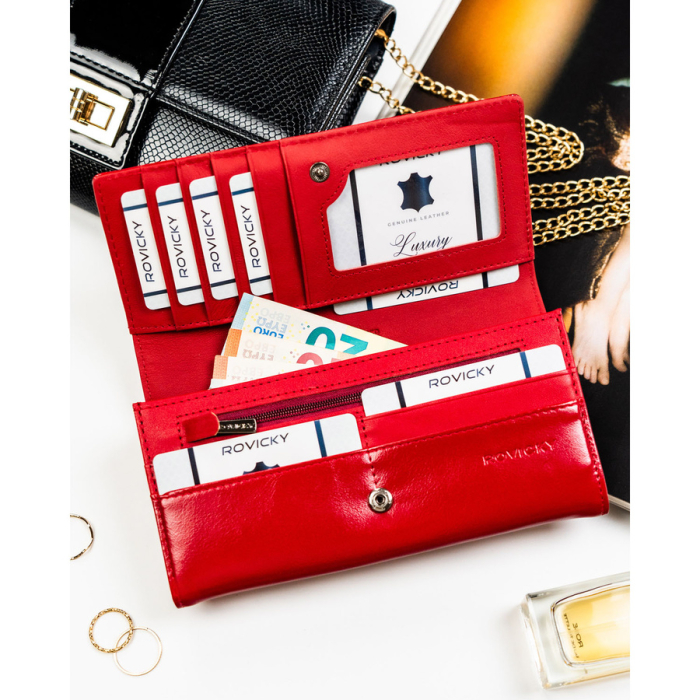 Portofel mare de damă din piele lăcuită, confecționat din piele naturală și ecologică, închidere clasică cu capsă orizontală, protecție RFID - Rovicky PTR-RPN-27-YM-5821 [6]