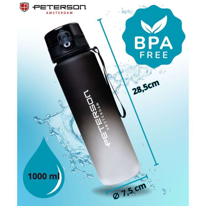 Sticlă de apă practică, alb-negru, cu șnur - Peterson PTR-PTN HY-003-1L-9553 B [2]