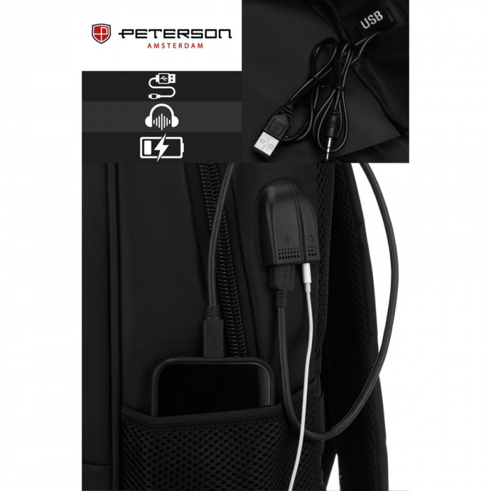 Rucsac școlar negru din poliester cu port USB - Peterson PTR-PTN BHX-03-7086 Bl [12]