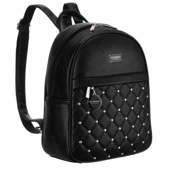 Rucsac elegant de damă, negru, mic, decorat cu matlasare și nituri argintii, piele ecologică Peterson PTN SPY-1-PIL BLACK [2]