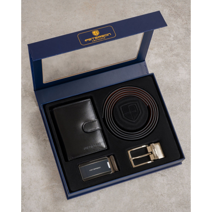Set cadou: Portofel vertical din piele neagră cu închidere cu capsă și curea reversibilă cu catarame interschimbabile - Peterson - Riccardo – Cavaliere Nero [3]