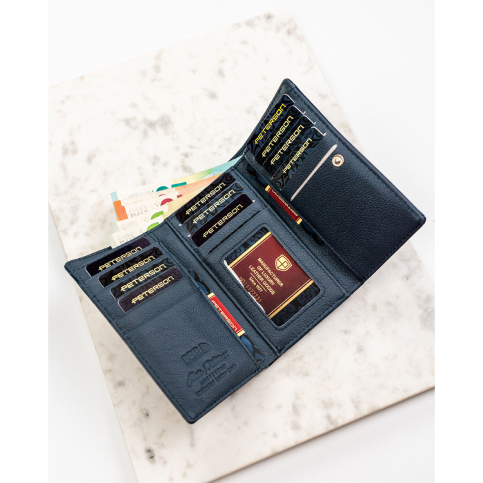 Portofel de damă din piele naturală și ecologică de culoare bleumarin, cu închidere cu capsă și clemă - Peterson PTR-PTN PX23-F773 NAVY [8]