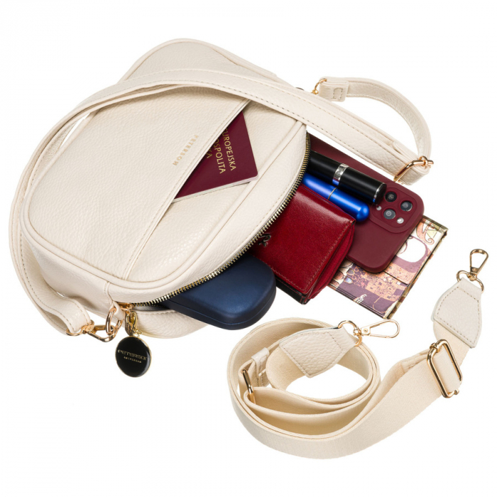 Geantă elegantă de damă bej cu accesorii aurii, două curea de umăr, piele ecologică Peterson PTR-PTN STY-2-F19 L.BEIG [11]