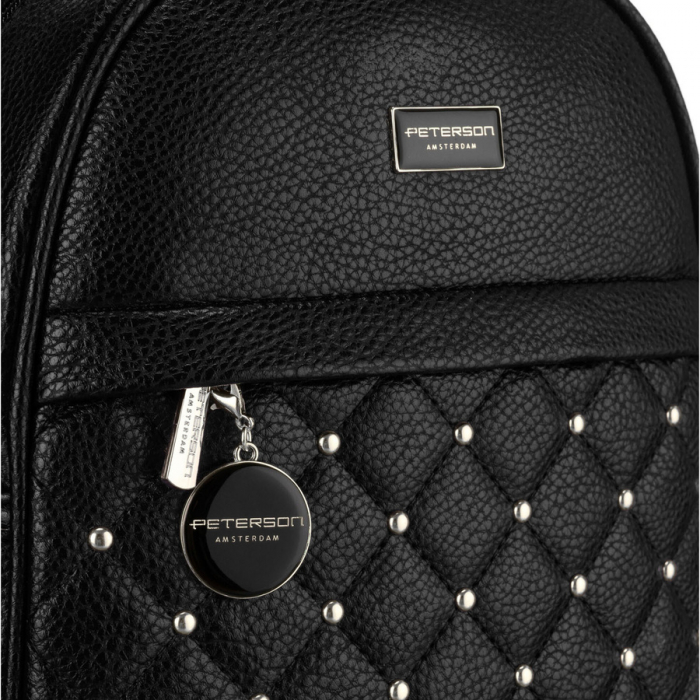 Rucsac elegant de damă, negru, mic, decorat cu matlasare și nituri argintii, piele ecologică Peterson PTN SPY-1-PIL BLACK [3]