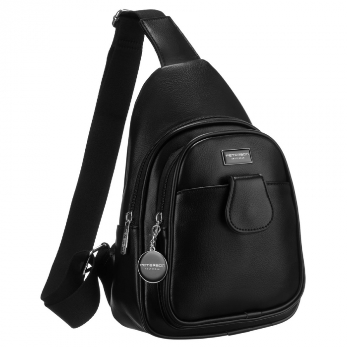 Geantă funcțională neagră pentru femei cu curea lată reglabilă, geantă crossbody, piele ecologică, Peterson PTR-PTN SSY-1-PIL BLACK [1]